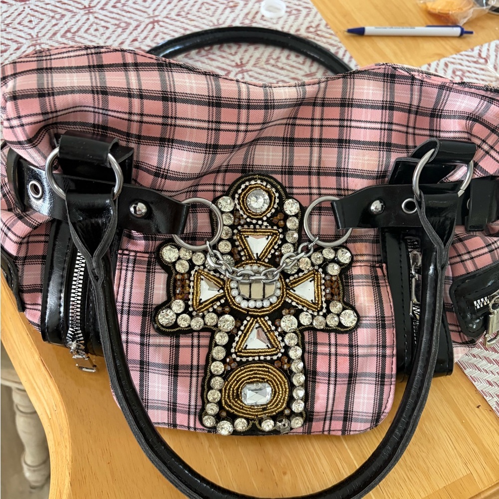 Source Unknown Pink Plaid Shoulder Bag with Crystal Cross Accent